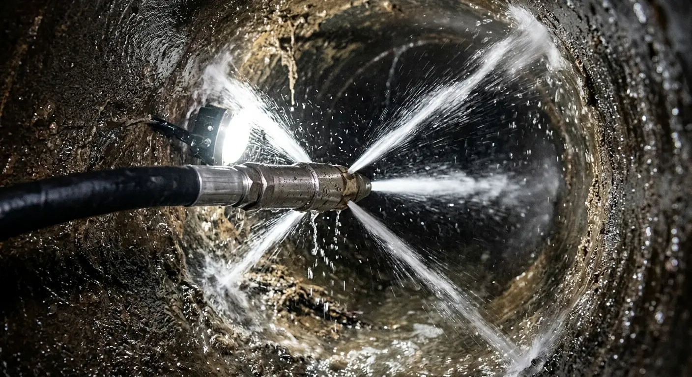 High-pressure hydro jetting nozzle cleaning sewer pipe for Storm Drain Cleaning in Parsippany-Troy Hills