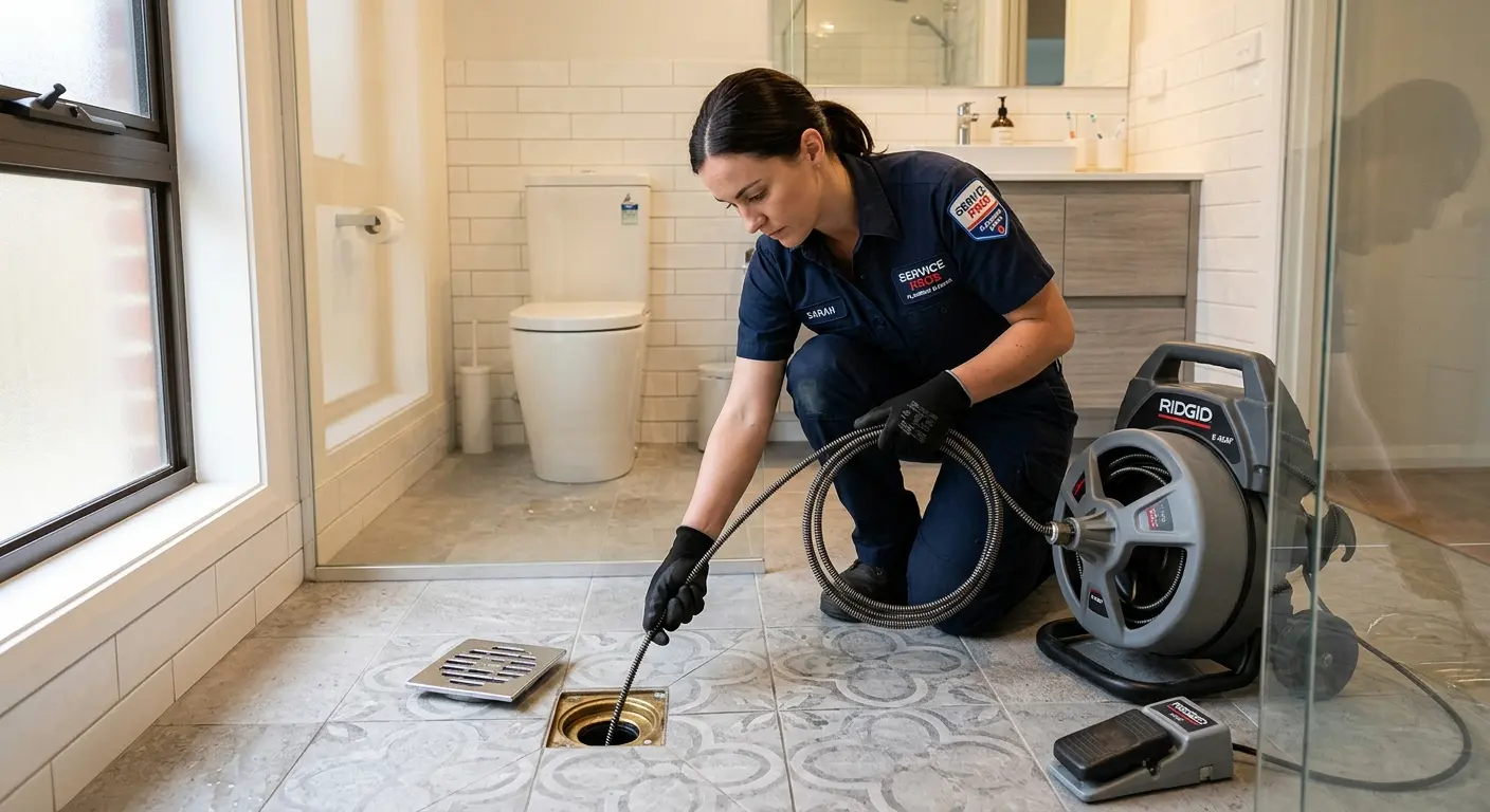 Technician clearing a bathroom floor drain for Drain Repair in Parsippany-Troy Hills